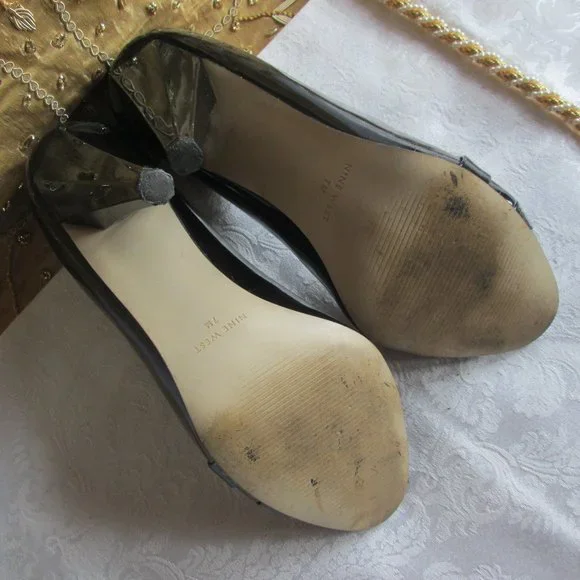 NINE WEST BLACK PATENT DOUBLE BAND PEEP-TOE HEELS – 7M - Picture 10 of 15